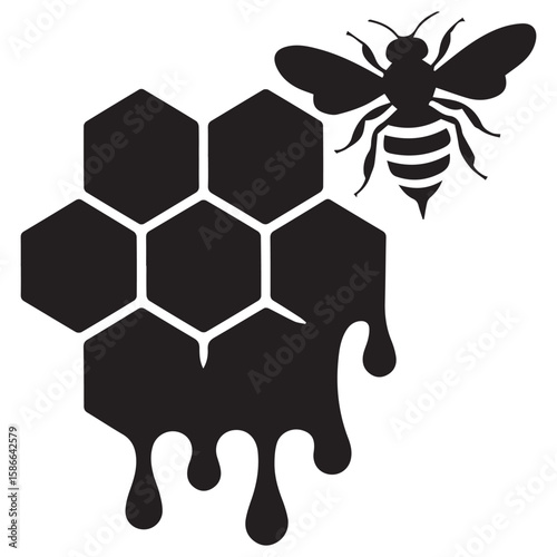 Stylized black silhouette of a bee hovering near dripping honey from a honeycomb on a white background
