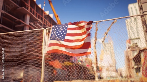 The american flag hangs on a construction site fence for labor day. labor day banners. Ultra realistic. Photorealistic