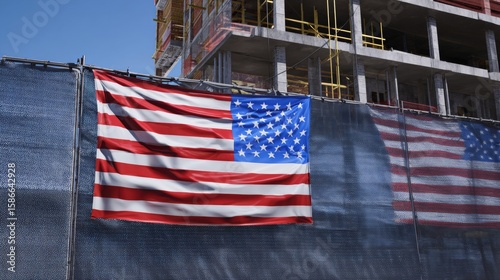 The american flag hangs on a construction site fence for labor day. labor day banners. Ultra realistic. Photorealistic