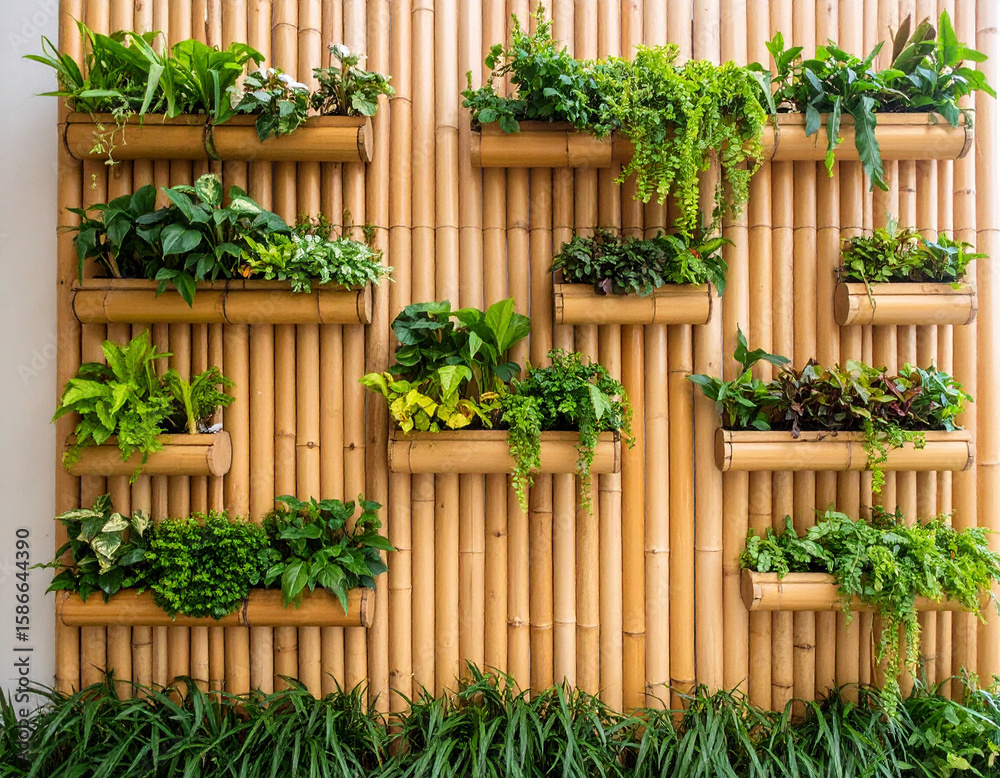 Vertical Bamboo Planter Wall with Lush Greenery and Diverse Plant Varieties Vertical Bamboo Planter Wall with Lush Greenery and Diverse Plant Varieties