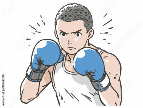 Determined young boxer wearing blue gloves, preparing for a fight in an illustrated style with dynamic lines and energy bursts, training concept of sports or fitness