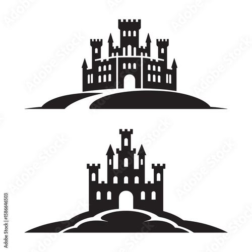 Black silhouette of a medieval castle on a hill fortress architecture