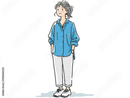 Casual smiling young woman in a blue shirt and white pants standing confidently against a simple white background, modern concept of lifestyle or fashion branding