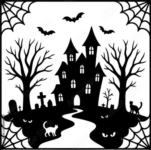 Spooky silhouette of a haunted mansion with bats flying overhead creepy trees a graveyard and black cats under a full moon on halloween night