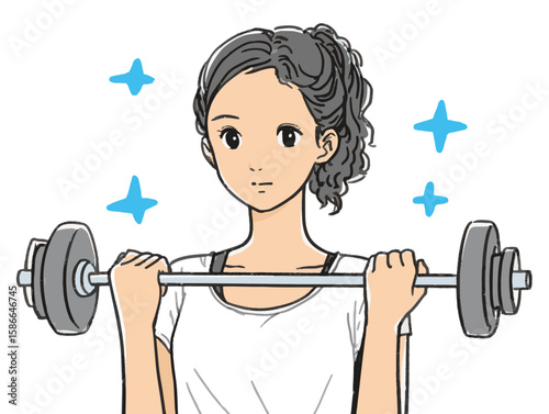 Focused young woman lifting a barbell with determination against a clean white background, fitness concept of gym or wellness