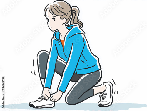 Focused young woman tying her shoelaces while preparing for a workout against a clean white background, fitness concept of gym or sports apparel