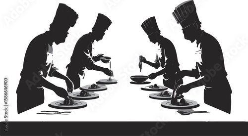 Silhouetted chefs working in a professional kitchen preparing culinary plated dishes