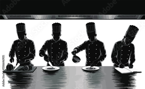 Silhouetted chefs preparing food at a commercial kitchen's countertop with a hood