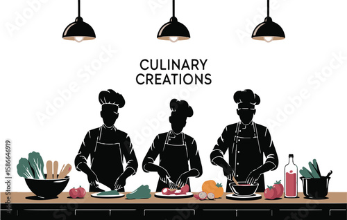 Three chefs preparing food in a modern kitchen creating culinary masterpieces vector illustration