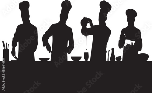 Four chefs silhouetted while preparing delicious food and beverages in a kitchen