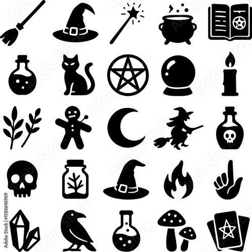 A collection of black silhouette icons representing various witchcraft and halloween symbols including a broom witch hat magic wand cauldron spellbook potion bottles black cat pentagram crystal ball c