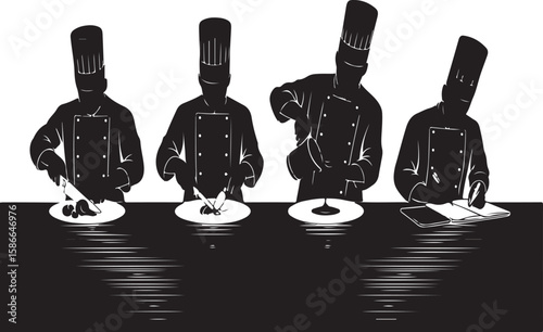 Silhouette chefs in kitchen preparing culinary creations with various professional techniques.