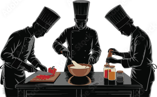 Silhouette illustration of chefs cooking various dishes in professional kitchen setting