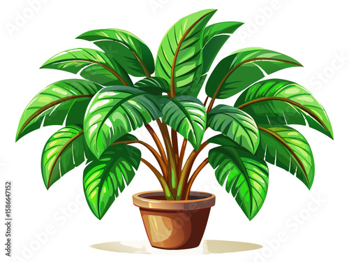 vector of A lush potted palm plant with large arching green leaves...