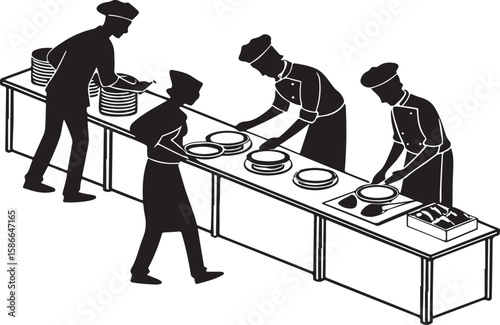 Chefs prepare and serve dishes in a restaurant kitchen monochrome illustration