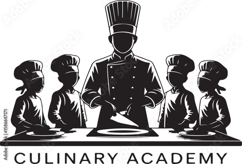 Culinary academy logo featuring chef instructing students in a black and white vector design