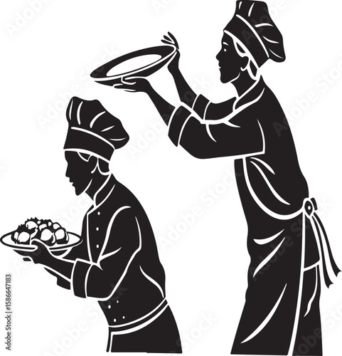 Elegant black and white silhouette illustration of two chefs serving prepared food