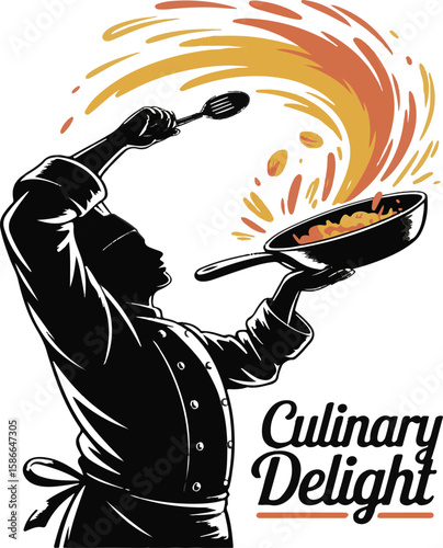 Silhouette of a chef with a pan and spatula creating culinary delight