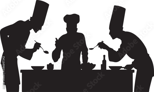 Three chefs taste testing food at a table in silhouette kitchen restaurant scene