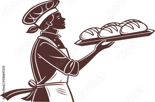 Baker holding freshly baked bread loaves on tray in a silhouette style