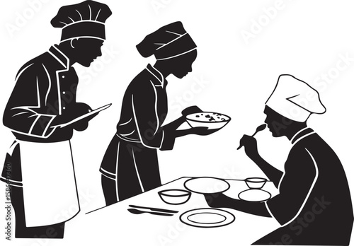 Black and white illustration of chefs in kitchen tasting and supervising the meal