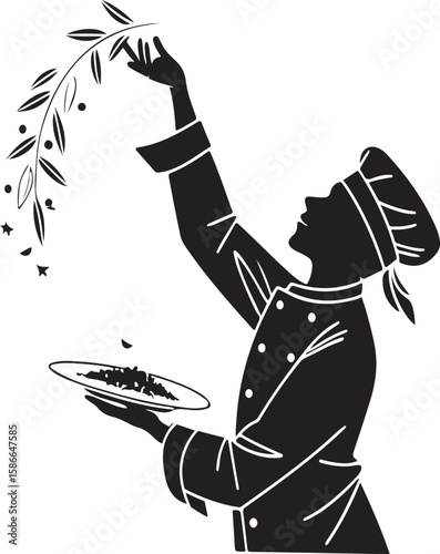 Elegant chef preparing food with artistic flair using fresh olive branch in silhouette