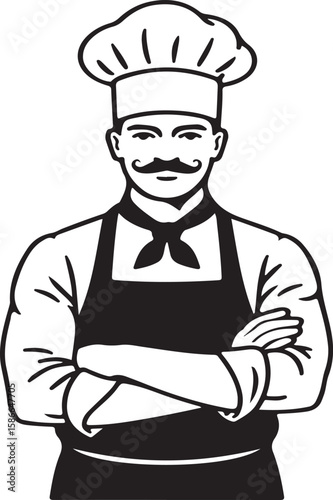 Professional chef with crossed arms black and white vector illustration