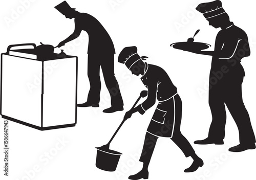 Silhouette illustration of three chefs preparing food in a kitchen environment restaurant scenes