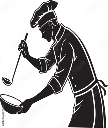 Silhouette of a chef cooking with ladle and bowl in monochrome isolated on white background
