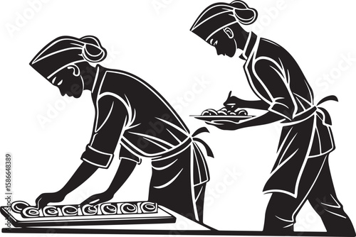 Two chefs preparing and presenting food in a restaurant kitchen illustration.