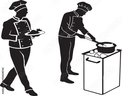 Silhouette of a chef cooking and serving food in a commercial kitchen environment