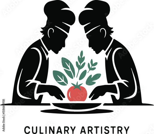 Two chefs prepare fresh vegetables for culinary creations in a stylized graphic