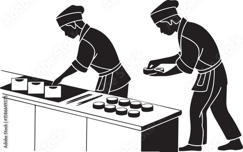 Two chefs preparing food working on a table in a restaurant setting