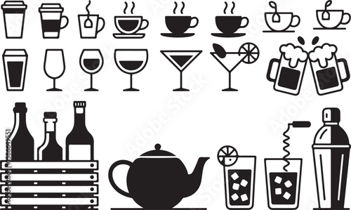 Assorted beverage containers and drinks coffee wine