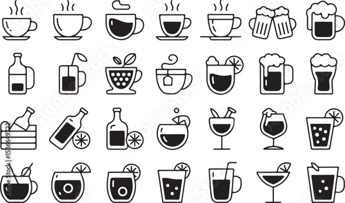 Assorted beverage icons with steam and garnishes drink coffee