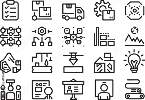 Checklist delivery truck gear network diagram 3d printer lightbulb clipboard task