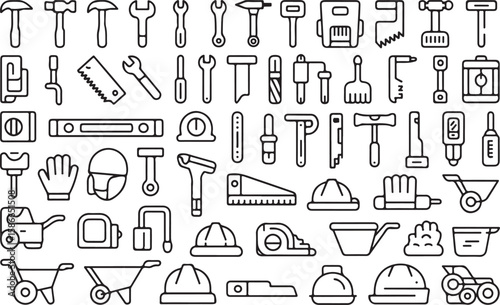Collection of various construction and workshop tools hammer wrench