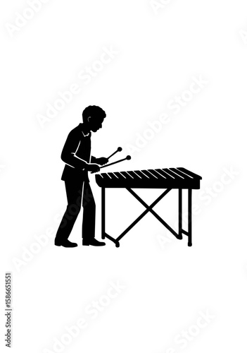 Silhouette of a Man Performing on Xylophone Isolated on White Background for Percussion Music Education and Performance Concepts
