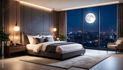 Modern bedroom with city view at night (2)