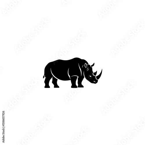 Rhino standing, black vector illustration. Types of animals, zoo or conservation, traveling for observing wildlife and safari