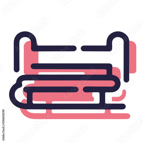 Minimalistic wooden sled icon with black lines against a pastel red shadow background, representing winter fun and outdoor activities, concept of winter sports, rentals, or recreation.