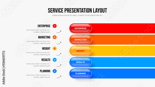 Digital Solution 5 Option Infographic Presentation Template. Product Innovation Slide Layout Vector Illustration. Business Strategy Five Element Diagram Frame Design.