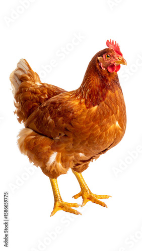 Brown hen standing on transparent background in studio shot