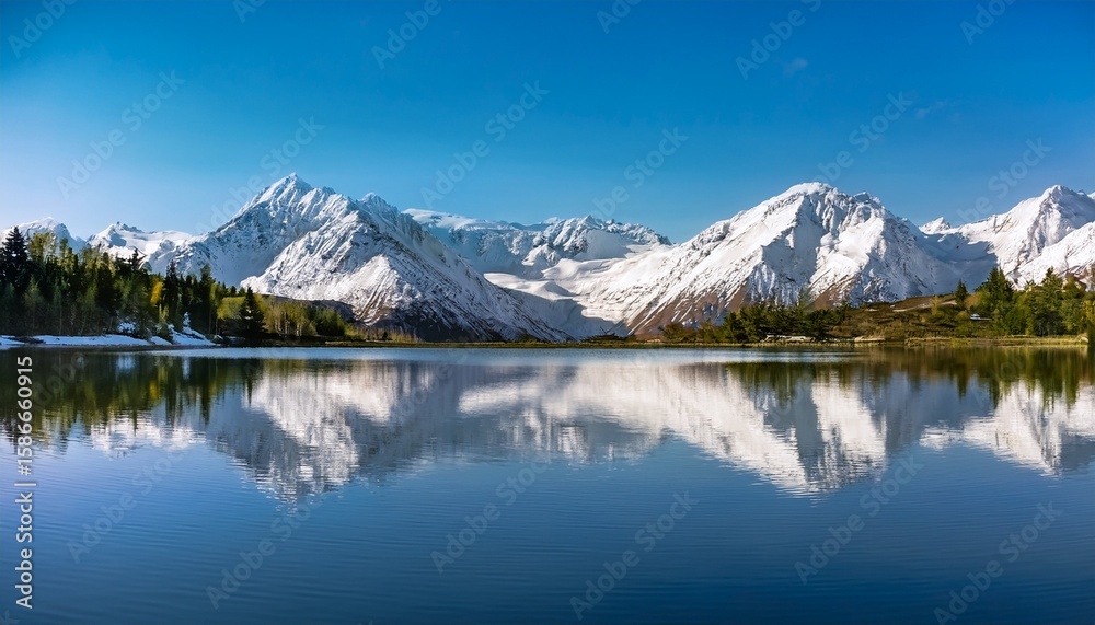 snow covered mountain range reflected in calm lake under clear blue sky snow covered mountain range reflected in calm lake under clear blue sky