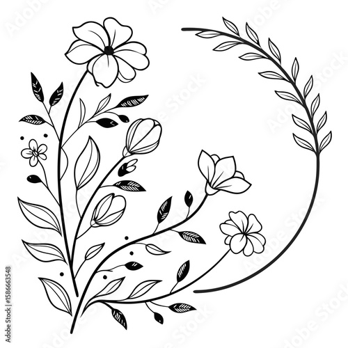 Elegant floral arrangement featuring blooming flowers and delicate leaves forming a half circle design element