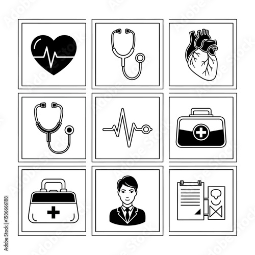 Nine squares containing medical icons: heart with heartbeat, stethoscope, anatomical heart, first aid kits, doctor, and patient chart.