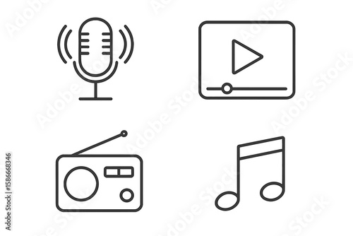 Minimalist Audio and Video Media Web Icons Collection. Vector Line Art Set Featuring Podcast Microphone, Video Player, Radio Receiver, and Musical Note Symbols for Digital Apps and Media Interfaces