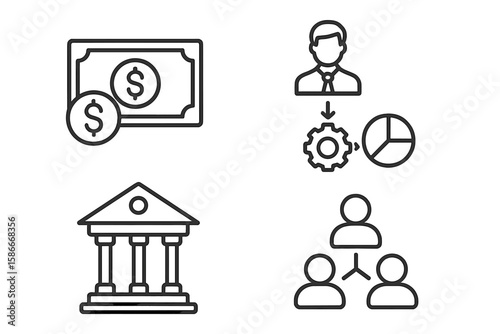 Business and Finance Line Icon Set: Money, Banking, Payment, Teamwork, Office Management, Financial Strategy, Corporate Process, Leadership, Organization, Modern Economy, Web and App Symbols