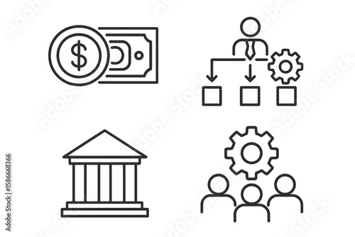 Set of 4 Business and Finance Outline Vector Icons: Money, Payment, Bank Building, Business Management, Teamwork, Strategy, Office Process, Corporate Structure, Line Art Design
