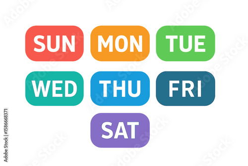 Modern Weekday Calendar Button Set. Colorful Vector Icons for Every Day. Rounded Rectangular Labels. Minimal Flat Design. Sunday to Saturday. Editable. Transparent Background Illustration